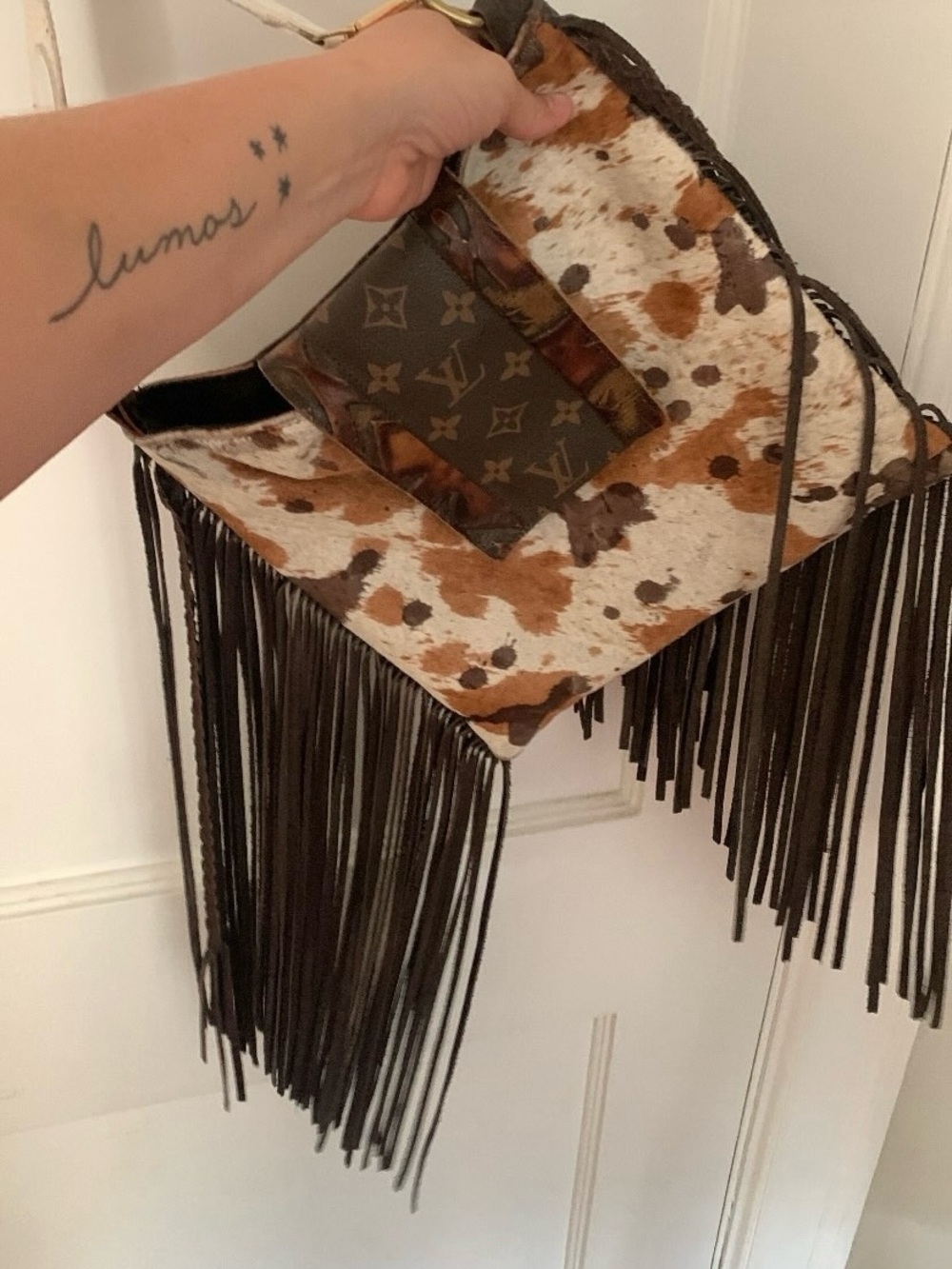Upcycled Louis Vuitton Material, Brown & White Cowhide Fringe Shoulder Bag - Picture 4 of 8